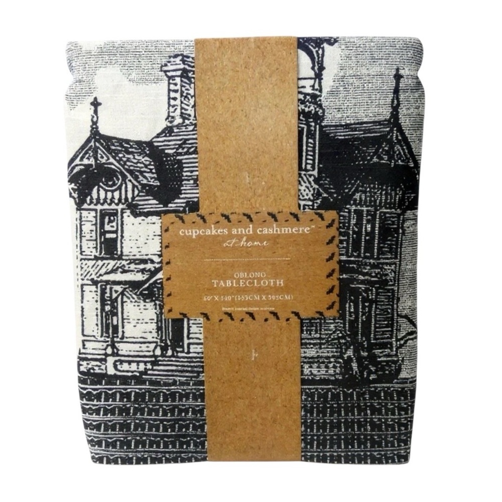 cupcakes & cashmere Halloween tablecloth Black and White HAUNTED HOUSE SOOOKY!
